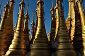 Inle Lake Myanmar. Indein, on the summit of a hill the  Shwe Inn Thein Paya a cluster of hundreds of ancient stupas. Many of them are ruined and overgrown with bushes. 